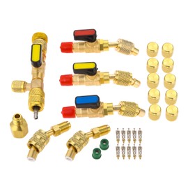 R410A R22 Valve Core Remover Installer Tool kit with Dual Size 1/4" & 5/16" Port, R410A R134A HVAC Angled Shut-Off Ball Valve Adapter 1/4" SAE for A/C R12 R22 R502 Charging Hose AC Refrigerant Tool