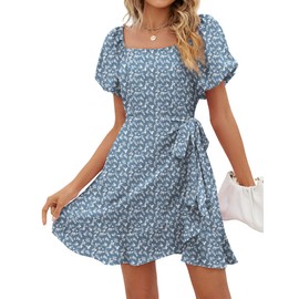 SAMPEEL Summer Short Dress Picnic Weekend Casual Knee Length Dress Blue Floral M