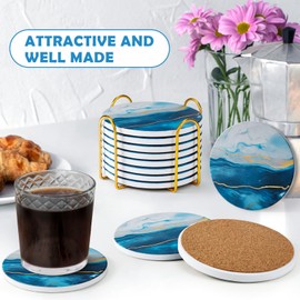 GOH DODD Coasters for Drinks Set of 8, Absorbent Marble Style Ceramic Coaster Set Cup Coasters Tabletop Protection Home Decor with Metal Golden Holder for Coffee Table, Navy Blue, Round, 4 Inches