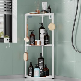 SWTYMIKI Corner Shower Caddy Standing - 3 Tier Stainless Steel Corner Shower Organizer Stand, Large Capacity Floor Shower Shelf with 4 Hooks, Rustproof Shower Storage for Bathroom and Bathtub, White
