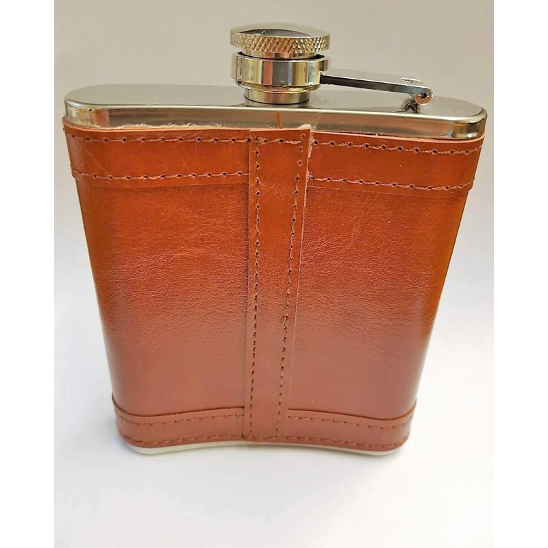Stainless Steel Hip Flask with Union Jack Brown Leather Cover,