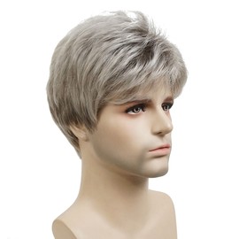 Lydell Men Wig Natural Short Straight Hair Synthetic Full Wigs (48T Light Gray with Dark Root)
