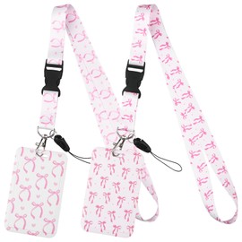 Haiabei 2PCS Pink Bow ID Badge Holders with Retractable Reel Clip Breakaway Lanyards White Pink Card Protector Case Cute Office Accessories for IDs, Work permits and Access Cards for Women