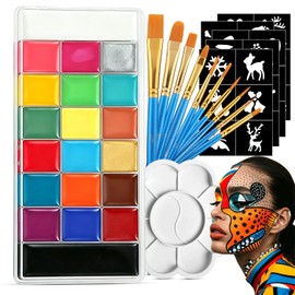 Pintura Facial, Maquillaje Pintacaritas de 20 Colores, Incluye 10 Pinceles, 5 Plantilla, 2 Esponjas y 1 Paleta, Kit de Pintura de Seguro e Inodoro, Ideal para Halloween, Las Fiestas de Disfraces
