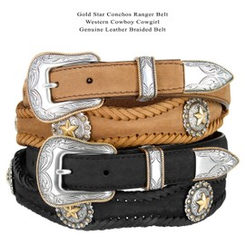 Gold Star Conchos Ranger Belt Western Cowboy Cowgirl Genuine Leather Braided Belt, Size Up to 60" (Black, 40)