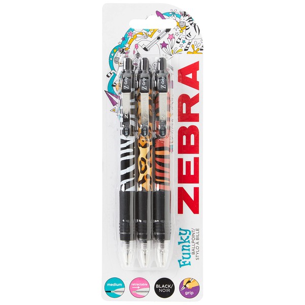 ZEBRA Pen Z Grip Black Pens Ballpoint, Smooth & Funky Ballpoint Pens With Pocket Clip, Retractable Black Ink Ballpoints, Reliable Black Biro Multipack For Everyday Use - Animal Design, 3pk