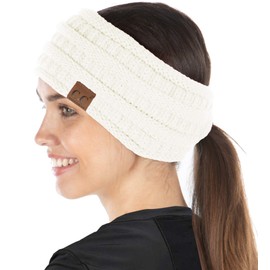 Funky Junque Exclusives Women's Fleece Lined Knit Winter Headband Ear Warmer with Ponytail Hole for Messy Bun - Ivory