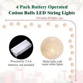VIHOSE 4 Pack Globe String Fairy Lights 10ft 20 LED Decorative Valentine's Day Indoor Cotton Ball Lights Battery Operated for Bedroom Window Tree Garland(White)