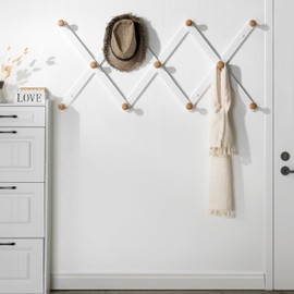 SKOLOO Wooden Wall Hat Rack, Large Accordion Wall Hanger, Modern, Expandable Coat Rack Wall Mounted, Solid Wood Wall Hat Hanger, 11 Peg, Natural & White