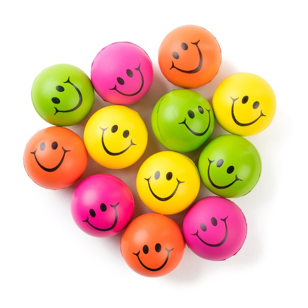 Be Happy! Neon Colored Smile Funny Face Stress Ball - Happy Smile Face Squishies Toys Stress Foam Balls for Soft Play - Bulk Pack of 12 Relaxable 2.5" Stress Relief Smile Squeeze Balls Fun Toys