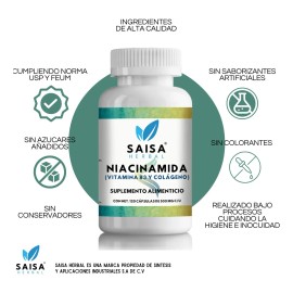 Niacinamida  Colgeno 120 Cps SAISA HERBAL  Suplemento Alimenticio  Apoyo para Piel, Antiedad y Belleza Natural  Calidad Premium                       