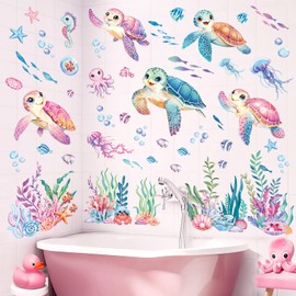 decalmile Sea Turtles Ocean Wall Decals Under The Sea Coral Seaweed Jellyfish Wall Stickers Baby Nursery Kids Bedroom Bathroom Daycare Wall Decor