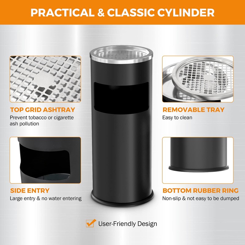 BEAMNOVA Outdoor Trash Can with Lid Black Stainless Steel Commercial
