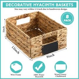 Nitial 8 Pcs Wicker Storage Basket, Rectangular Water Hyacinth Storage Basket for Shelving, Foldable Woven Pantry Organizer with Chalkboard Label and Chalk Marker (Natural,12 x 9 x 5 Inch)