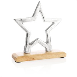 com-four® Premium Decorative Stand Star - Star Statue Made of Nickel-Plated Aluminium on Mango Wood Base - Decorative Star for Standing - Great Star Decoration (Silver - Small Star)