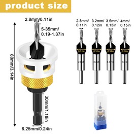 LUMOOM 6-Piece Countersink Drill Bit Set with Adjustable Depth Stop, Countersink Wood Drill, HSS Drill Countersink & 1/4 Inch Hex Shank for Precise Drilling in Wood