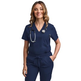 Green Town Scrubs for Women - Tuck-In V-Neck Scrub Top, Stretch Fabric, Lightweight, Easy Care-Navy/Indigo-Large