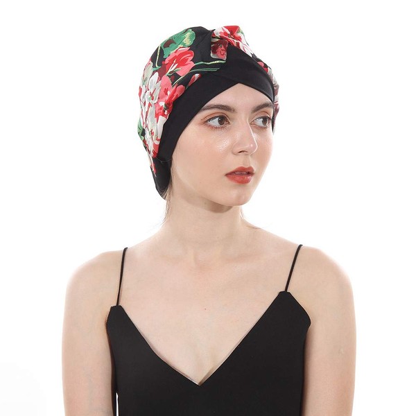 DuoZan Women’s Soft Silky Satin Turban Elastic Wide Band Satin Bonnet Night Sleep Hat Hair Loss Cap (Black Flower)