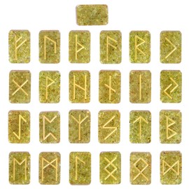 Amogeeli 25pcs Orgone Crystal Rune Stone Set Engraved with Elder Futhark Alphabet, Healing Rune Stones for Divination Meditation Reiki, Peridot