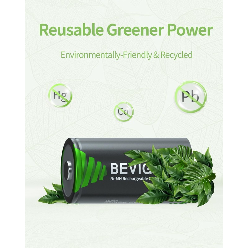 BEVIGOR 4 Pack 10000mAh Rechargeable D Batteries High Energy,Low Self-Discharge