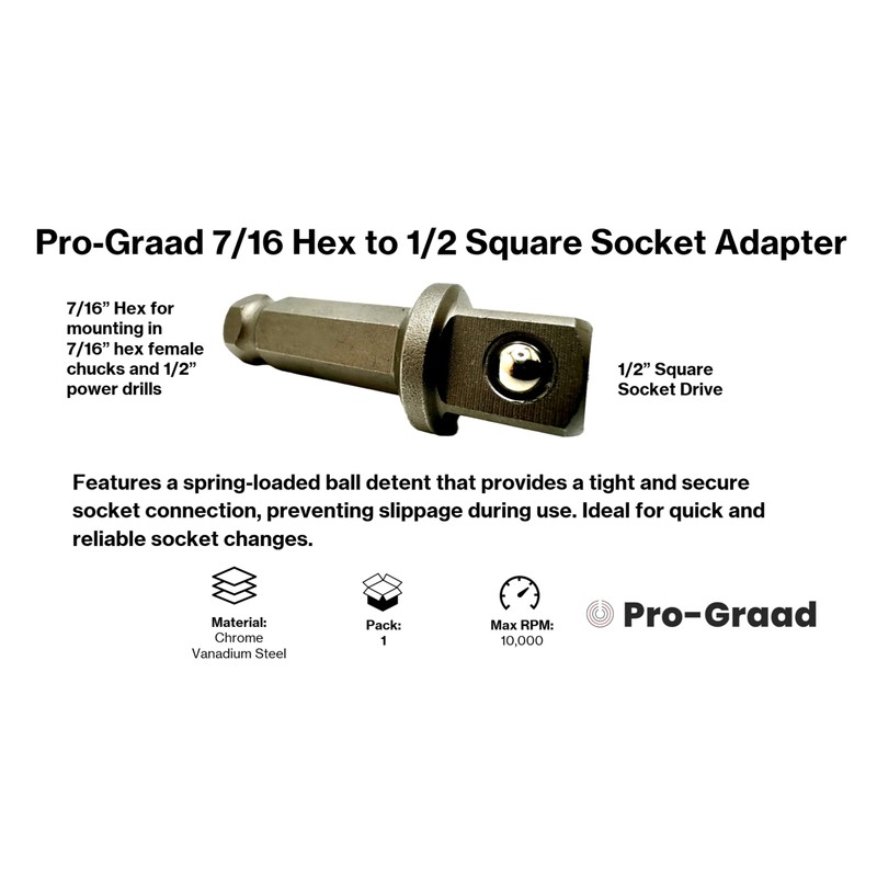Pro-Graad 7/16 Hex to 1/2 Square Socket Adapter Drive Converter,