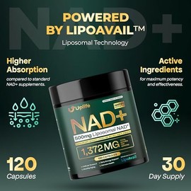 UPLIFE Suplemento NAD+ 1,372 mg de NAD+ liposomal con CoQ10, resveratrol, espermidina, L-teanina, apigenina y PQQ NMNH potenciador alternativo para en