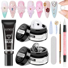 SUPWEE 3D Sculpting Gel Clear and White Solid Builder Gel for Nails Non-Stick Hand with Rhinestone Glue Kit, Nail Gems Molding Gel Set for Home Salon DIY Nail Art