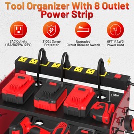 CFMASTER Power Tool Organizer Wall Mount wtih Charging Station,4 Drill Holder Wall Mount with 8 Outlet Power Strip,Heavy Duty Tool Rack with Hooks,Screwdriver Organizer in Garage(Red,3 Layers)