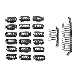 Milano Collection 20PC Value Clips & Combs Bundle: 18 PC Pack of Medium Size Snap Clip-ins and 2 Pack of Combs for Hair Extensions and Wigs - Black