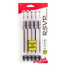 Pentel R.S.V.P. - Bolgrafos de punta fina, 0.7 mm, barril transparente, tinta negra, 5 unidades                                                       