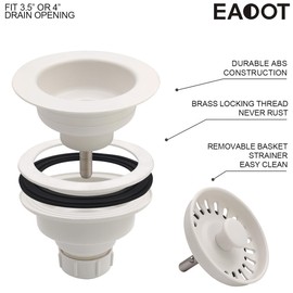 3-1/2 Inch Polymer White Sink Drain Assembly with Basket Strainer and Stopper for Quartz, Granite or Fireclay Kitchen Sinks, with 2 Removable Basket Strainers