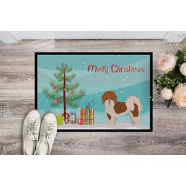 Caroline's Treasures CK3853MAT Mal-Shi Christmas Tree Doormat 18x27 Front Door Mat Indoor Outdoor Rugs for Entryway, Non Slip Washable Low Pile, 18H X 27W