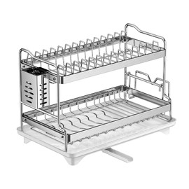LIZWETEC Dish Drying Rack, Double Layered countertop Kitchen Organizer with Drainage Large Bowl Rack and Storage Rack with Drainage Board, Suitable for Kitchen Bars (Silver)