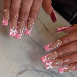 Gifiky Long Coffin False Nails French Press on Nails Nude Nails Tips Pearl Bow Tie Fake Nails for Women and Girls 24Pcs