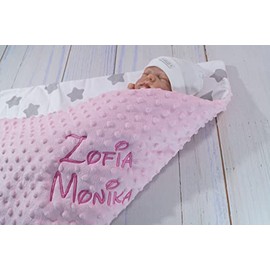 BotoBaby ★ Double Layer Baby Blanket with Name and Date Embroidered ★ Minky ★ Cotton ★ Filling ★ (Pink - Stars, 75 x 100 cm)