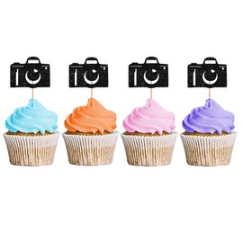 24PCS Camera Cupcake Toppers, Movie Themed Party Cupcake Toppers, Camera Dessert Picks, Photographer Birthday Party Decoration - Black Glitter