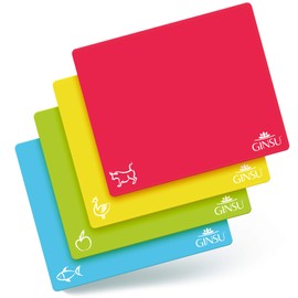 Ginsu Flexible Plastic Cutting Boards - Extra Thick 1.2mm Dishwasher Safe BPA Free - Colorful Cutting Mats with Slip Resistant Waffle Back (Set of 4)