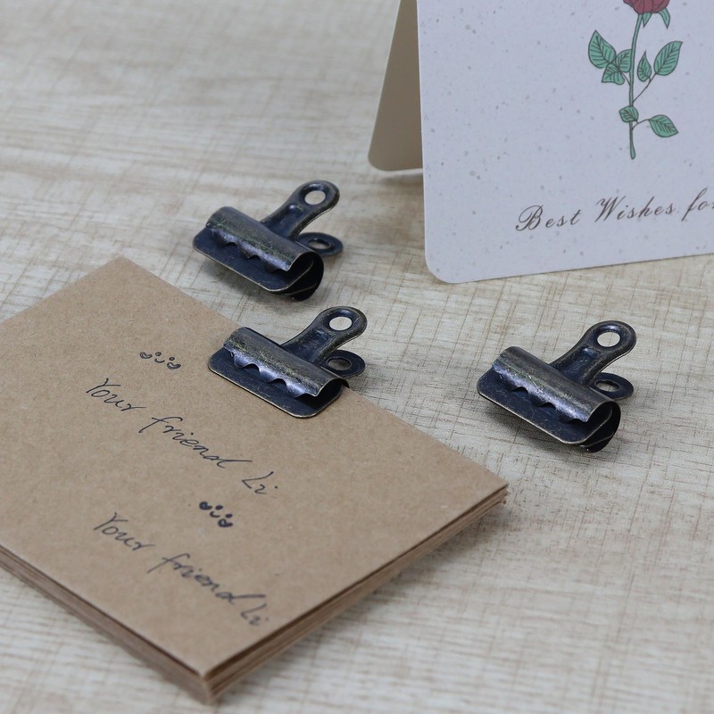 24 Pack Vintage Bulldog Clips with Black Leather Tray, Antique