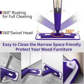 Mops for Floor Cleaning, Wet and Dry Spray Mop with Refillable Spray Bottle and 3 Washable Microfiber Pads Home or Commercial Use Flat Mop for Hardwood Laminate Wood Ceramic, Purple