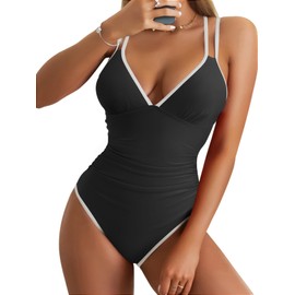B2prity Women's V Neck One Piece Swimsuit Tummy Control Slimming Bathing Suit Double Straps Crisscross Back Swimwear Black,White
