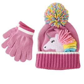 Toddler Kids Girls Winter Knit Unicorn Beanie Hat and Gloves Set with Pom Pom Age 2-8 Yrs