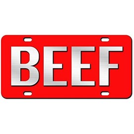 Beef License Plate Brushed Aluminum 2-D Farmer Heavy Duty - Color: Red