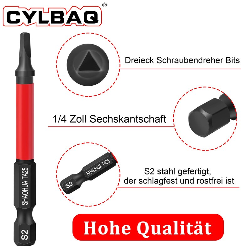 Pack of 10 Triangle Screwdriver Bits 65 mm, CYLBAQ Hex