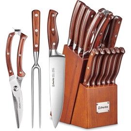 Knife Set with Block, 16 Pcs Stainless Steel Kitchen Knife Set with Sharpener & Wooden Block, Knife Block Set with Wood Handle, Chef, Santoku, Bread, Utility, Paring & Carving Fork Knife, Brown
