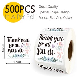 500pcs Thank You for All You Do Stickers, Appreciation Stickers for Teachers Volunteers Heathcare Employee, Packaging Envelopes Labels Roll
