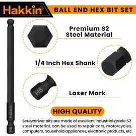 Hakkin Ball End Allen Key Bit Set Allen Wrench Hex Key Bits S2 Steel 100mm Magnetic Hex Bit Set with Bit Driver for Furniture Assembly H1.5-H10