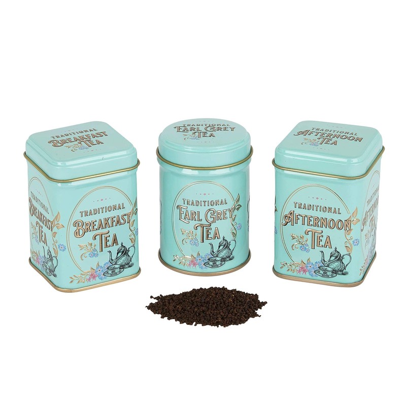 New English Teas Vintage Victorian Tea Tins with loose-leaf tea