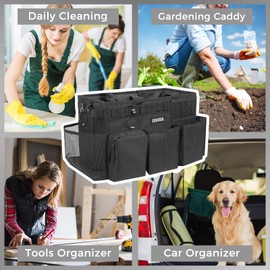 SCAVATA Wearable Cleaning Caddy Bag, Supplies Organizer with Handle & Shoulder Straps for Housekeepers, Under Sink & Car Cleaning Tool Organizer with 4 Foldable Dividers (Black)