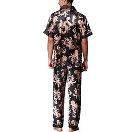 ZUEVI Men's Silk Satin Short Sleeve Pajamas Set Dragon Pattern Loungewear Button Down Pjs Set for Men(Black Dragon-XL)