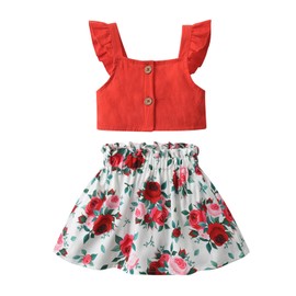 Toddler Baby Girls Summer Skirt Outfits Set Infant Sleeveless Button Red Pullover Tops Floral Print Short Dress Clothes Red 12-18 Months
